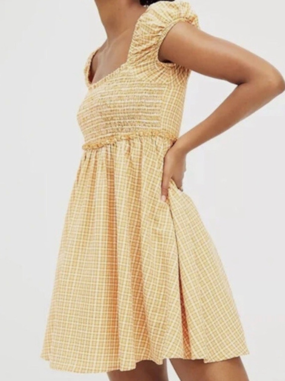Smocked Square Neck Gingham Mini Dress